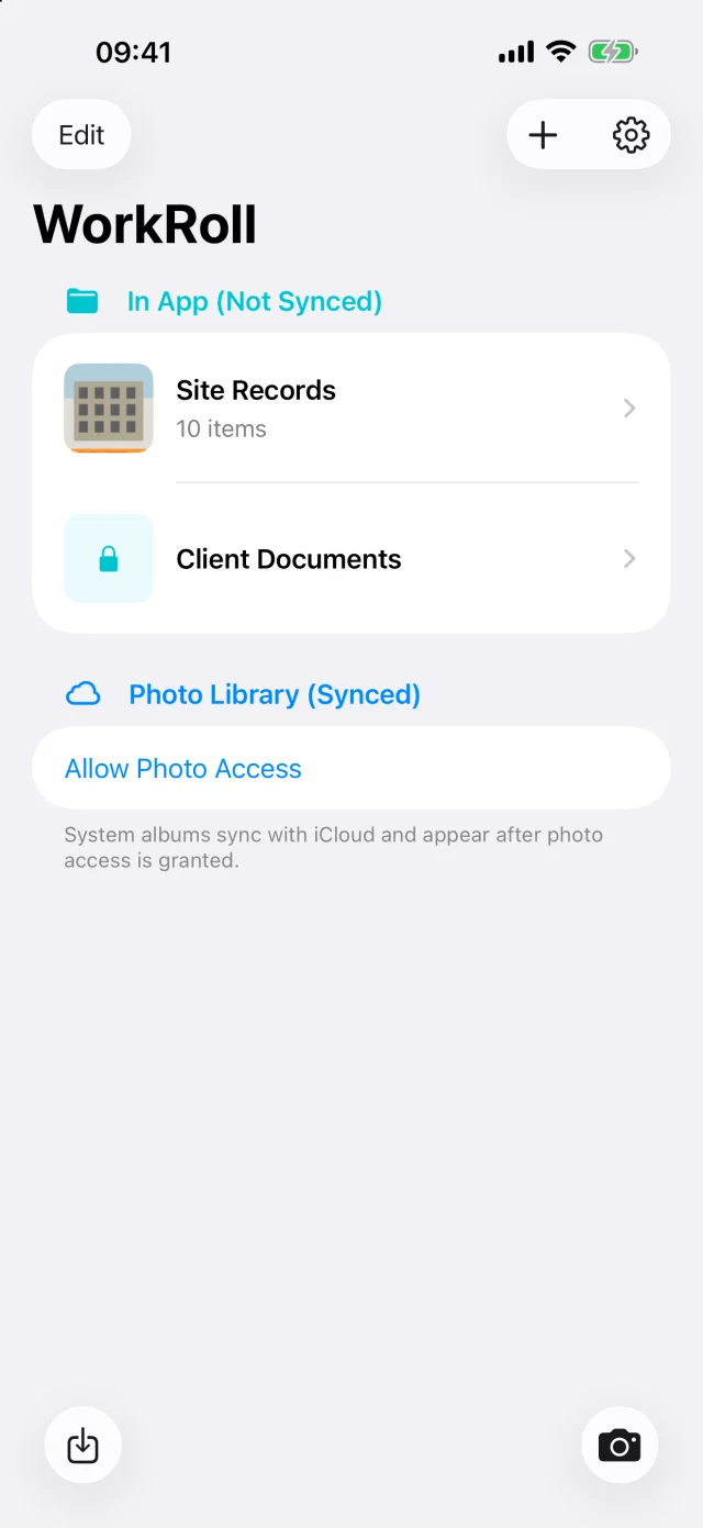 WorkRoll home with separate in-app work albums and system albums
